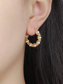 一对优雅几何造型仿珍珠耳环，百搭时尚耳环，适合少女日常佩戴和节日场合。 - 幾何珍珠 - 查看 2