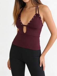 Womens Solid Halter Tank Tops Adjustable Tie Neck Front Cutout Slim Fit Vest With Round Stud Detail - Burgundy - View 2