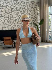 Bộ đồ hai mảnh dệt kim tối giản thanh lịch dành cho nữ, phong cách giản dị nhưng sang trọng, thích hợp cho mùa xuân/hè. - Màu xanh lam - Xem 4