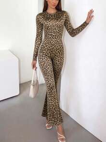 DOUCIU 豹纹圆领长袖修身露背性感连体裤（女款） - 棕色 - 查看 3