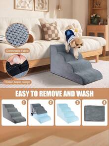 1pc 29*15*17in 4-Tier Pet Stairs Dog Steps Ladder Small Dogs Cats Climb Bed Bedside Detachable Washable - Grey - View 6