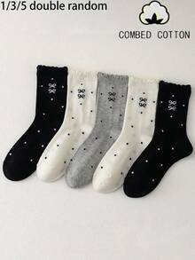 1/3/5 pares de calcetines de media caña con lazo, lunares y encaje, de estilo versátil y suave - Multicolor - Ver 5