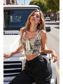 Women's Vintage Floral Corset Top Renaissance Camisole Gothic Overbust Bustier Shapewear - Green - View 6