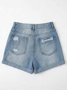 Bohemian Style Women's Denim Shorts With Pattern, Featuring Distressed Details, Raw Edges, Pockets And Straight Leg, Non-Stretch Casual Fit - Light Wash - View 9