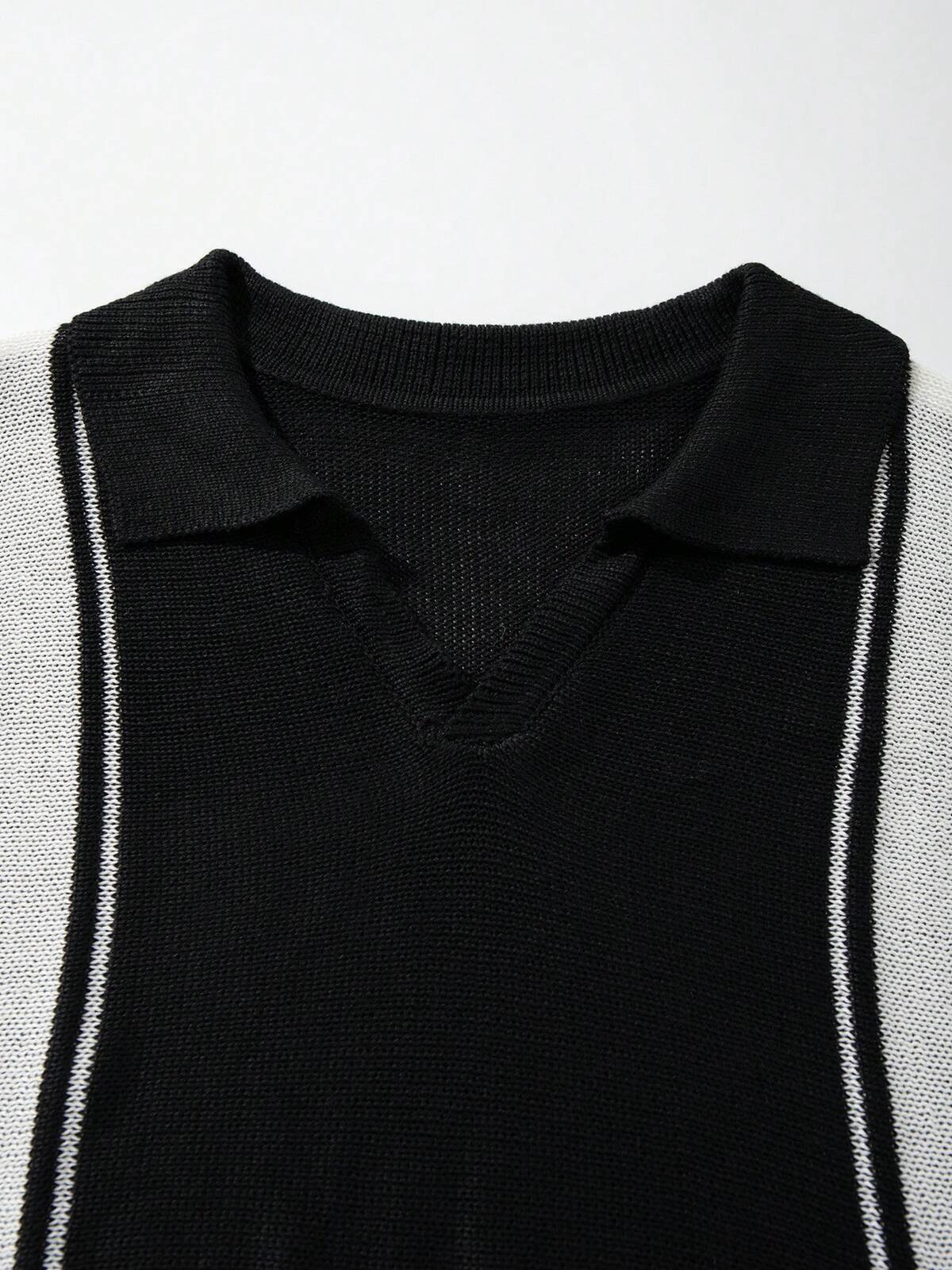 Pull tricoté à manches courtes pour homme et femme, style européen, américain, japonais et coréen, pour le printemps/été, pour le travail, les trajets, les vacances, décontracté et polyvalent, blocs de couleurs, rayé, minimaliste, ample, col V et col polo, en tricot, pull noir 4