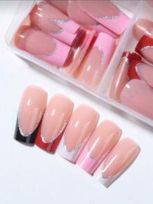 96pcs (4 Assorted Styles) Long Coffin Heart Shaped Nail Stickers, White French Glitter Nails, Press-On Nail Strips, Minimalist Chic Style - Durable Reusable False Nails, Includes 1pc Jelly Gel And 1pc Nail File, Nail Art Set Suitable For Women & Girls Daily & Party Use - Multicolor - View 3