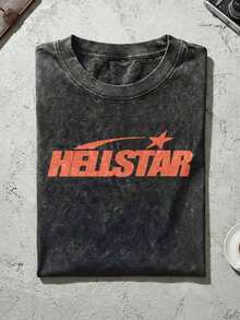 Red Shooting Star Logo Graphic Tee Unisex Couple Matching Boyfriend Style Hell Star Double Sided Print Bold Colorway Flame Face Acid Washed Cotton Graphic Tees Men Oversized T Shirt Summer Fits Camisetas Para Hombresummer Outfits For Womengraphic Tees - 黑色 5 - 查看 11