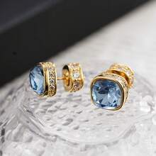 1 Đôi bông tai kiểu dáng sang trọng, đính đá Cubic Zirconia hình vuông, màu đồng oxy hóa và đá Aquamarine, thích hợp đeo hàng ngày cho nữ. - Bông tai thời trang - Xem 10