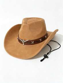 1pc Unisex New Faux Suede Cowboy Hat With Beaded Decoration, High Quality Stylish Wide Brim Hat, Versatile For Daily Wear, Western Themed Events, Birthday Parties, Music Festivals - Suede Black-rimmed XX Top Hat - View 8