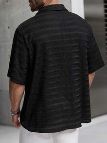 1pc Men's Black Striped Textured Polo Shirt, Collared Short Sleeve Button-Up Casual Versatile Top, Elegant For Holiday Parties, Suitable Gift For Father, Boyfriend, Dad, Friends - Black - View 2