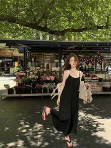 女士纯色褶皱休闲/派对针织吊带连衣裙 - 黑色 - 查看 6
