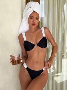 New Arrival Spring/Summer Women's Black & White Contrast Ruffle Casual Sexy Elegant Beach Holiday Party Bikini Set - Multicolor - View 1
