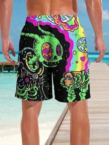 Pantalones cortos de playa con estampado 3D de alienígena y arcoíris, estilo hawaiano para hombres de talla grande - Multicolor - Ver 2