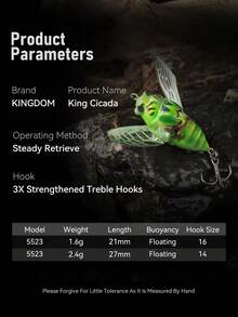 KINGDOM 1pc KingCicada F21/F27 Floating Fishing Lure 1.6g/2.4g 21mm/27mm Cicada Bait With Loud Rattle And Foldable Wings, Sharp Triple Hooks Suitable For Freshwater And Murky Waters - Multicolor - View 3