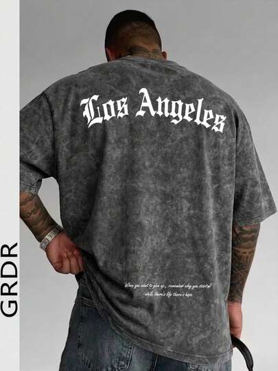  GRDR Men's Letter Print Washed Short Sleeve T-Shirt, Comfortable & Breathable For Summer Wear