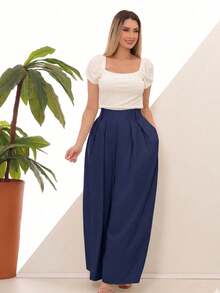Women's Wide Leg High Waist Wide Leg Pants - Azul Marino - Ver 4