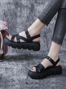 Giày sandal đế xuồng hở mũi có khóa cài dành cho nữ - Màu đen, đế dày, thích hợp cho mùa hè. - màu đen - Xem 2