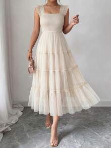 Women's Summer Tulle Midi Dress, Sleeveless Shirred Ruffle Flowy Mesh Dress, Party Bridesmaid Wedding Guest Vacation Sundress - 米色 - 查看 3