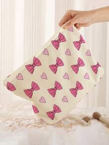 1个便携式化妆包，蝴蝶结和爱心图案，双面印花拉链化妆袋，多功能旅行洗漱用品收纳包 - 彩色 - 查看 5