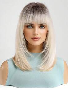 14英寸棕色渐变金色层次刘海中长直发合成编织假发，女士假发，适合假日旅行、居家聚会、角色扮演、日常佩戴，也适合万圣节、圣诞节、新年、嘉年华、音乐节等场合。可作为女孩礼物、夏季毕业礼物、现成礼物、万圣节圣诞节礼物等。 - 金色 - 查看 4