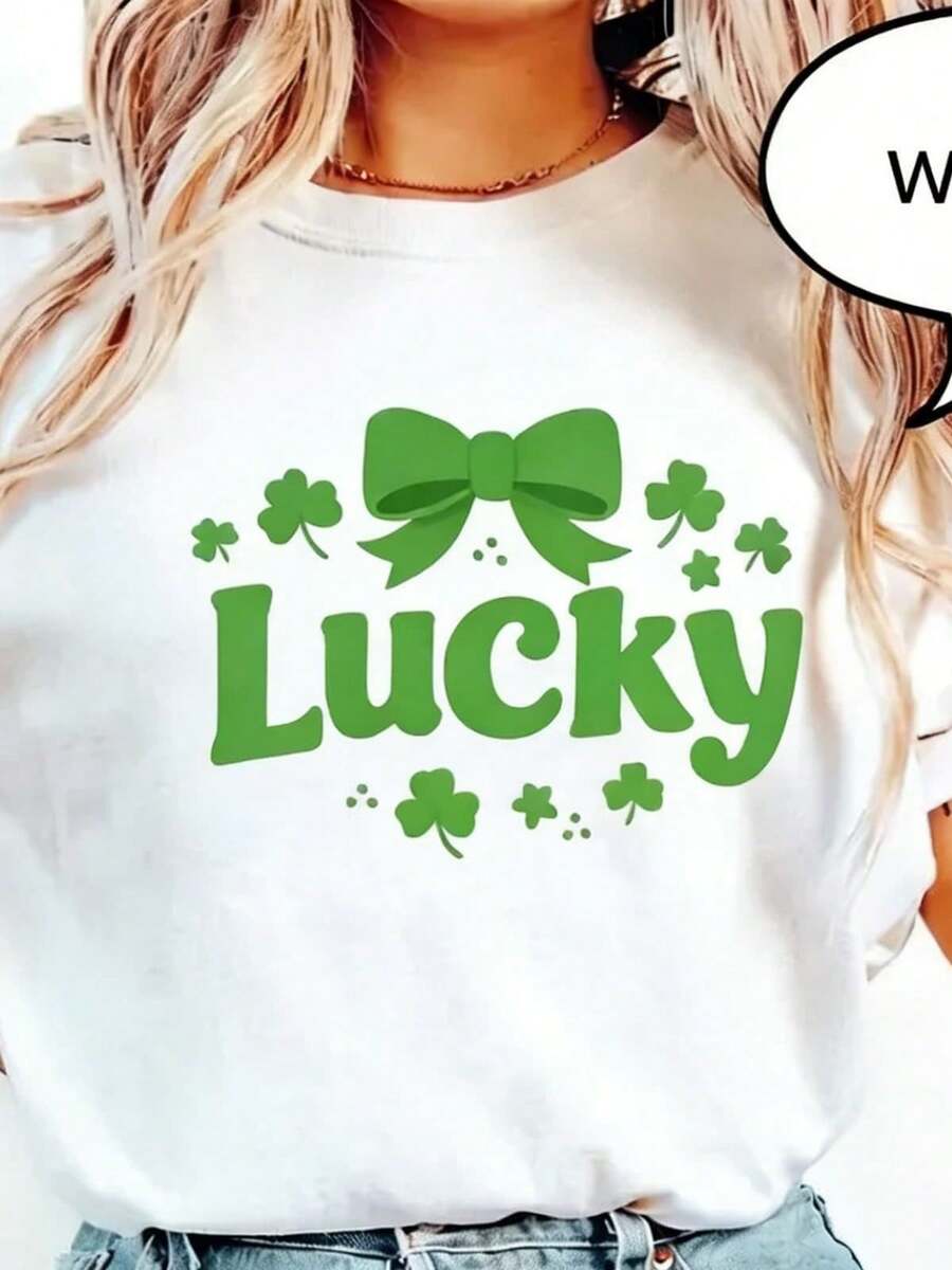 Camiseta de la suerte con lazo coqueta de hilo sintético tejido a crochet, Camiseta del Día de San Patricio, Camiseta de la suerte - Blanco - Ver 1