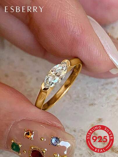 ESBERRY טבעת יהלום אלגנטית מכסף סטרלינג 925 בעיצוב ייחודי, טבעת אירוסין עם יהלום בודד, מתנת תכשיטים לנשים, מתנת אירוסין, מתנת מסיבה