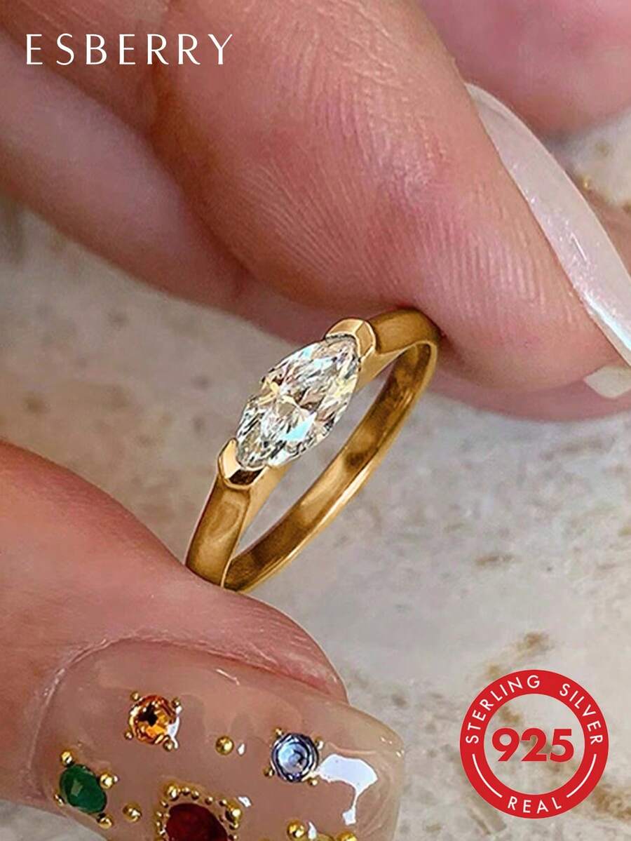 ESBERRY 1枚优雅925纯银独特设计钻石戒指，单钻订婚戒指，女士珠宝礼物，订婚礼物，派对礼物
