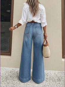 Petite Women's Washed Denim Pants With A Slightly Flared Design, Suitable For Daily Commuting Or Outdoor Activities Casual - Blue - View 2