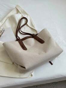Bolsa Tote Versátil de Blocos de Cor de Grande Capacidade e Moda, Bolsa de Ombro Personalizada de Design de Nicho para Uso Diário, Bolsa Casual de Alça Simples, Adequada para Compras, Deslocamentos, Trabalho, Passeios Diários e Festas - Café - Visão 12