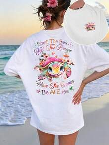 Women's Regular Fit Tee With Cute Sea Turtle And Floral Print, Coastal Style - White - View 3