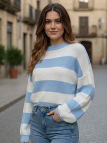 Women's Striped Knit Blouse With Long Sleeves And Round Neck - Versatile Winter - 裸體 - 查看 7