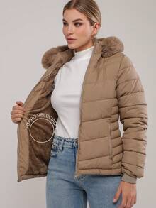 Women's Lined Puffer Jacket, Comfortable, Fur-Fitted, With Removable Hood, Autumn/Winter Style. - Màu Khaki - Xem 7