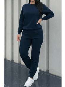 Conjunto de pants  Sudadera y pantalón  Felpa suave  Cuello redondo Estilo cómodo  Conjunto deportivo - Azul - Ver 3