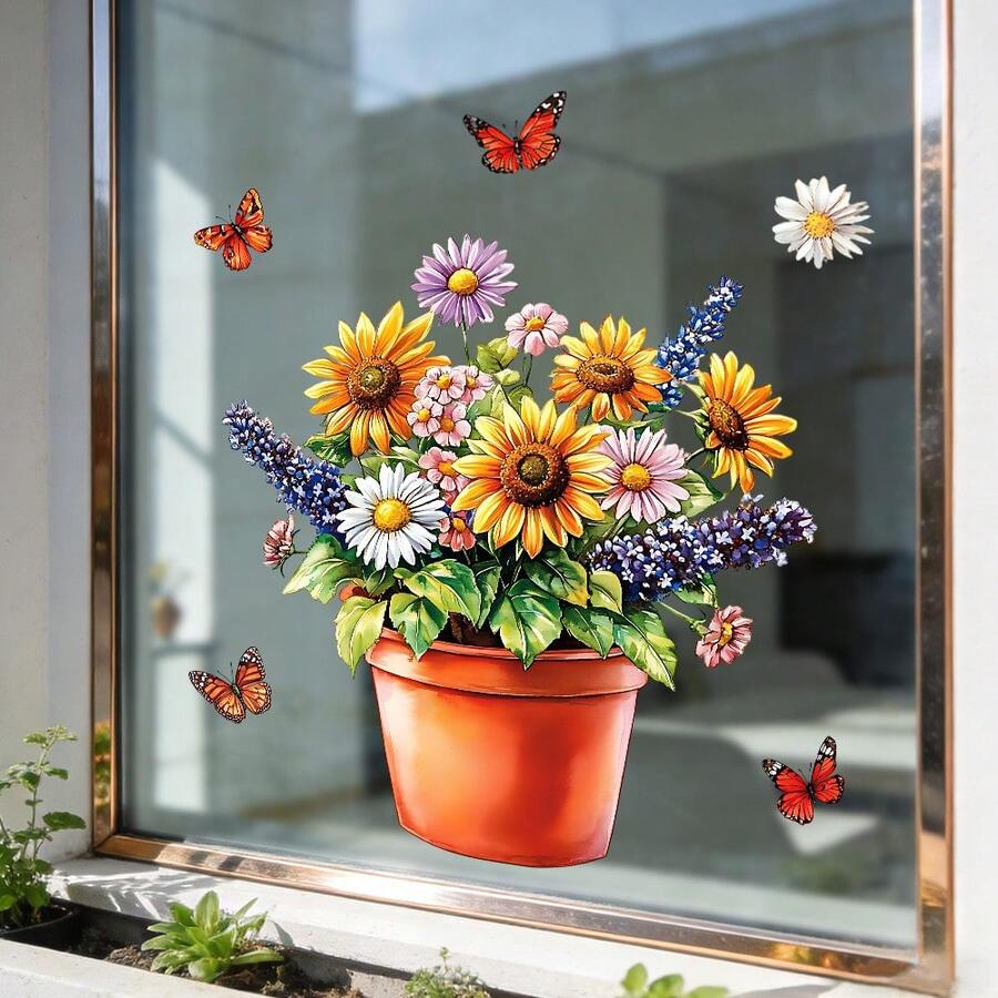 1/2pcsBrightly Colored Potted Plant Window Decals With Colorful Floral And Butterfly Patterns.Removable And Adhesive-Free,Suitable For Windows, Cabinets,Living Rooms,And Home Decor.