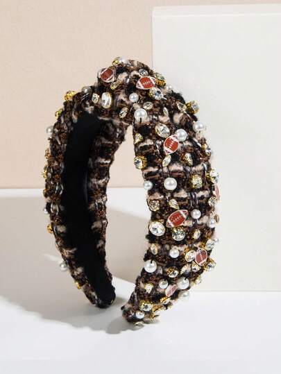 1pc New Football Series Rhinestone & Faux Pearl Decor Wide Knotted Headband, High-Quality Accessory Suitable For Women To Wear On Vacation
