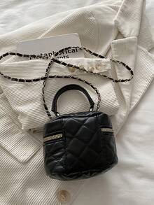 Bolso mini ligero, bolso de cadena, bolso de línea acolchada, bolso de mano, bolso cubo, muy adecuado para chicas adolescentes, estudiantes universitarias y profesionales de cuello blanco, muy adecuado para oficina, universidad, trabajo, desplazamientos, actividades al aire libre, viajes y salidas - Negro - Ver 5