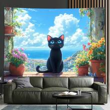 1 Stück 3D Optik Topfpflanze & schwarze Katze beobachtet den Meereshintergrund Dekoration, geeignet für Wohnzimmer, Schlafzimmer, Büro, Party, ein perfektes kreatives Geschenk - 7 - Übersicht 6