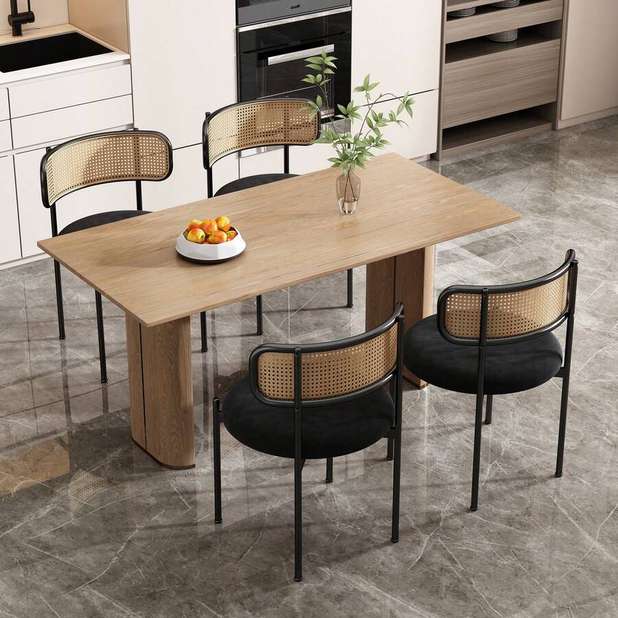 Set Of 4 Velvet Dining Chairs, Modern And Minimalist Style, With Four Metal Support Legs. Black Rattan Living Room And Bedroom Chairs. - Black - View 1