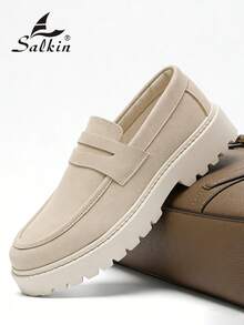 Salkin 奢華設計師男士便錢樂福鞋，正品品牌，純色啞光皮革鞋面，休閒男鞋，適合現代生活的平價奢華，柔軟舒適防滑耐磨鞋底，時尚優雅紳士社交鞋，百搭西裝、學生畢業典禮、大學風格、運動鞋、派對、宴會、節日禮物，春夏秋季男鞋 - 米色 - 查看 4