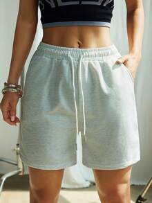 1 Pair Of Solid Color Casual Shorts, Running Shorts With Drawstring And Elastic Waistband, Suitable For Sports, Women's Summer Sports Shorts. White - White - View 6