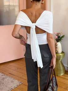 Y2K Women's 2-In-1 Solid Color Convertible Crop Top, Halter  Off Shoulder Back Tie Ruched Self-Cultivation Top For Club Party - White - View 2