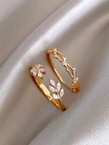 Set de 2 anillos abiertos con piedra de ojo de gato y hoja de estilo lujoso y de moda - Amarillo - Ver 6