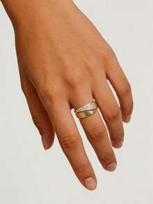 1-3枚开口立方氧化锆订婚戒指套装，叠戴精致婚礼日常佩戴戒指，粗款女士戒指 - 金黃色 - 查看 5