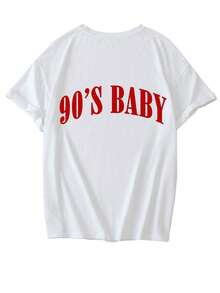 Camiseta de manga corta con cuello redondo, estampado de letras rosas, estilo minimalista y casual estadounidense, versátil y adecuada para mujeres.Nuevo lanzamiento de verano. - Blanco y Negro - Ver 9