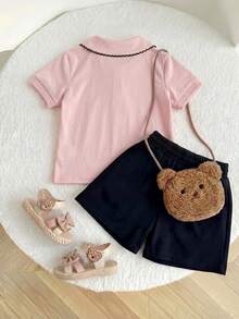 2pcs/Set Toddler Girls' School Style Bear Print Polo Collar Short Sleeve T-Shirt And Black Shorts Set - Pink - View 2