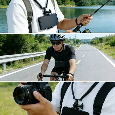 户外运动颈挂式手机支架，适用于拍摄、骑行、钓鱼、胸前佩戴、直播等场景，防抖运动手机支架