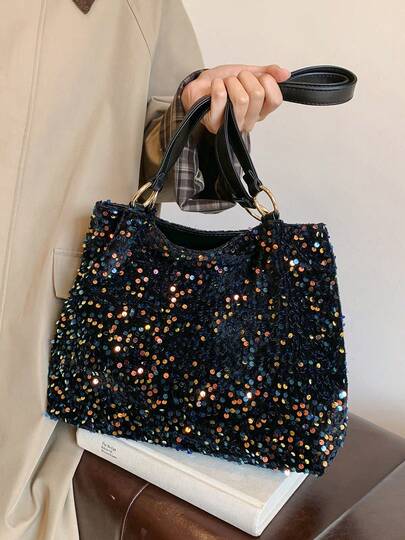 1个（13.4英寸*11.0英寸*3.9英寸）时尚女士手提包/单肩包/手提包，大容量，亮片装饰，耐刮耐磨材质，适合购物、约会、聚会，可作为礼物送给家人、朋友、女友，优雅简约休闲手提包。