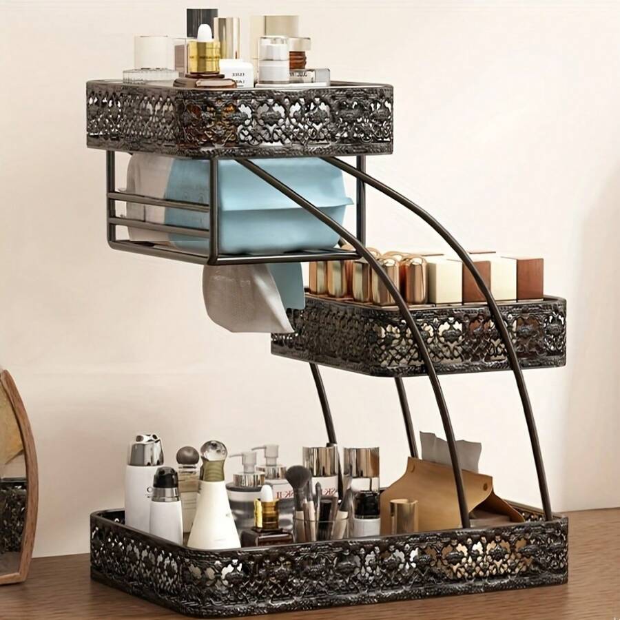 EZIFY 3-In-1 Makeup Organizer With Tissue Holder, Skincare And Lipstick Storage Rack, Vanity Storage Box For Bathroom Countertop - đen - Xem 1