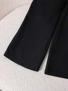 Left Mama Girls Casual Off-Shoulder Patchwork Short Sleeve Top And Straight Pants Set, Versatile For Daily Wear, Summer - Black - View 8
