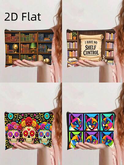 1 Túi đựng đồ vệ sinh cá nhân in hình chủ đề người yêu sách và Lễ hội Ngày của người chết, với hình ảnh giá sách cổ điển, khẩu hiệu "Giá sách hỗn loạn", họa tiết đầu lâu đường, hoa và mèo Xiêm, túi đựng đồ trang điểm du lịch tiện dụng, hộp đựng văn phòng phẩm cho học sinh, túi phụ kiện thời trang.